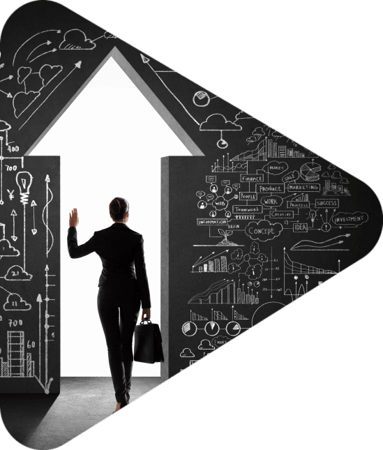 Business woman holding a briefcase walking through an arrow pointing up while waving