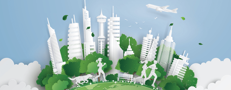 Illustration of eco concept,green cityon the skyf. Paper art and digital craft style.