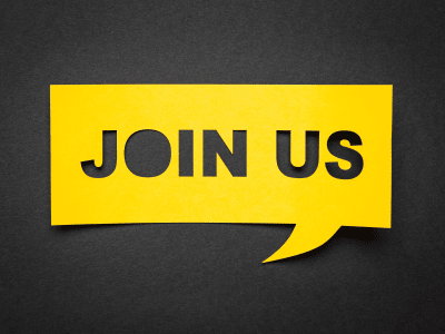 Bubble speech with cut out phrase "join us" in the paper.