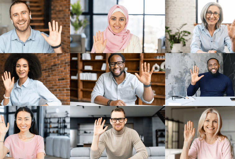 Colleagues greeting each other during online morning meeting. Video call screen with group of diverse office employees waving hello, nine people have video conference, involved in educational webinar