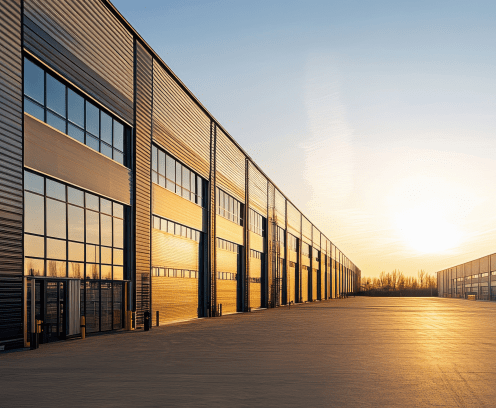Self storage outdoor sunset behind buildings